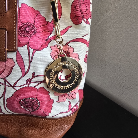 Isaac Mizrahi Pink Floral Canvas Tote with Brown Leather Accents - Picture 7 of 7